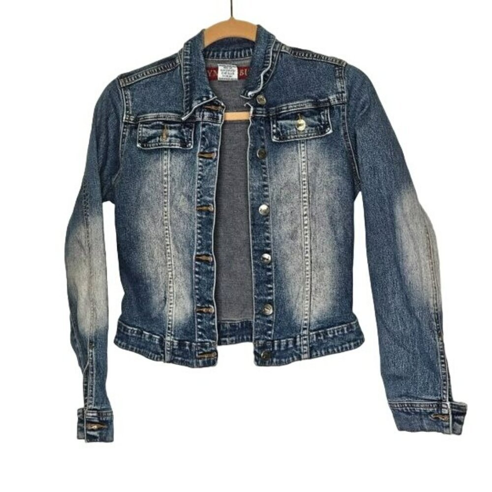 Ymi Women’s Midi Denim Blue Jean Jacket Button Closure Acid Wash Fading Size M m